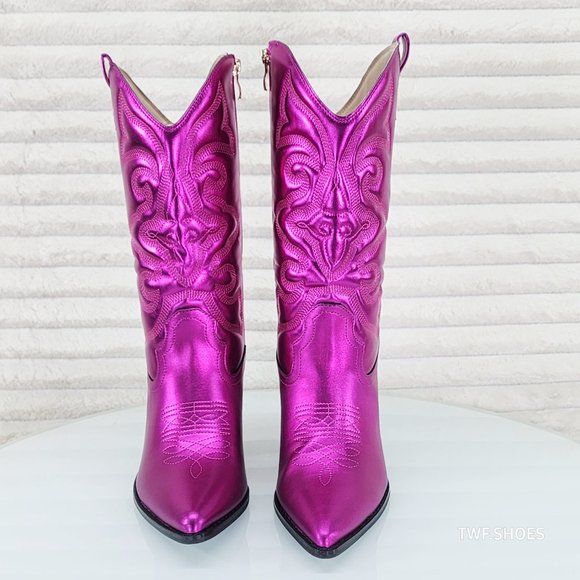 Electric Mid Calf Cowboy Hot Pink Brush Metallic Matte Western Cowgirl Boots - Picture 6 of 8